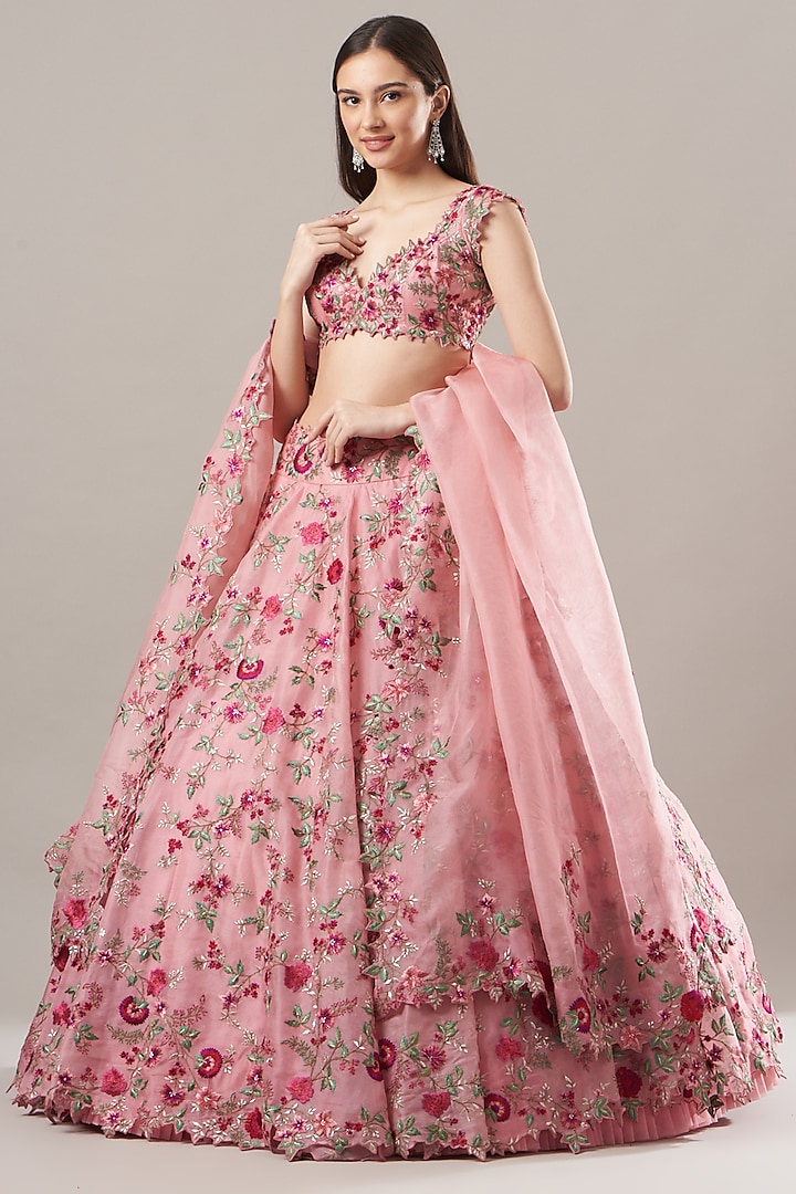 Pink Embroidered Bridal Lehenga Set by Anushree Reddy at Pernia's Pop Up Shop