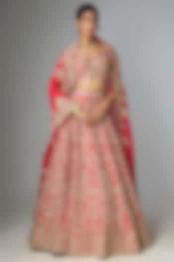 Red Raw Silk & Organza Embroidered Bridal Lehenga Set by Anushree Reddy at Pernia's Pop Up Shop