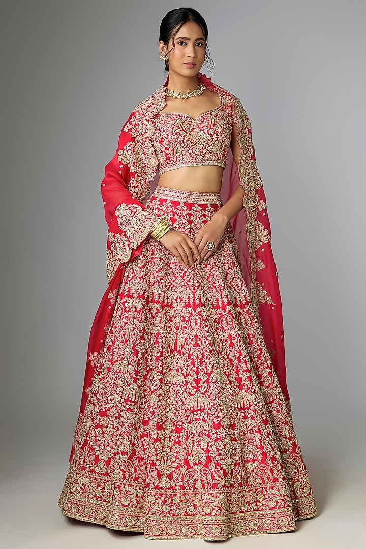 Red Raw Silk & Organza Embroidered Bridal Lehenga Set by Anushree Reddy at Pernia's Pop Up Shop