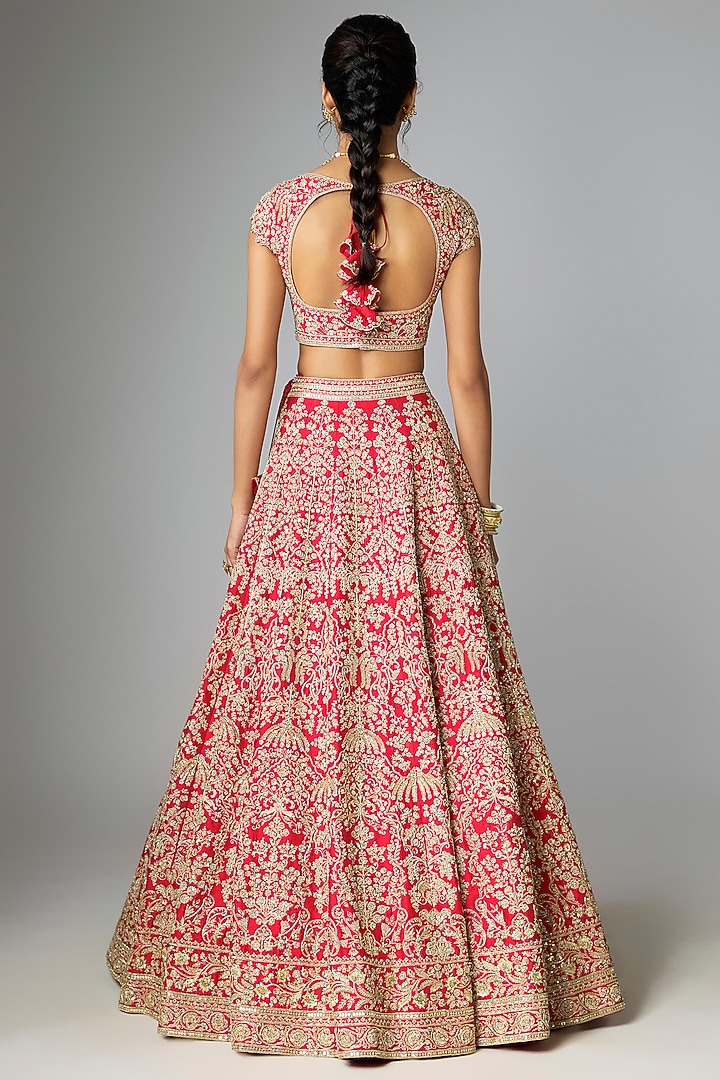 Red Raw Silk & Organza Embroidered Bridal Lehenga Set by Anushree Reddy at Pernia's Pop Up Shop