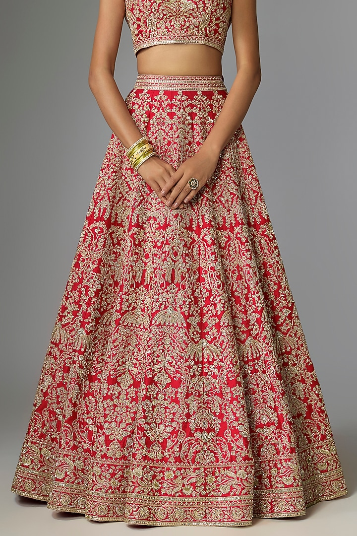 Red Raw Silk & Organza Embroidered Bridal Lehenga Set by Anushree Reddy at Pernia's Pop Up Shop