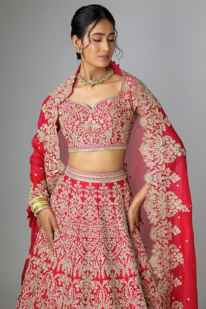Red Raw Silk & Organza Embroidered Bridal Lehenga Set by Anushree Reddy at Pernia's Pop Up Shop