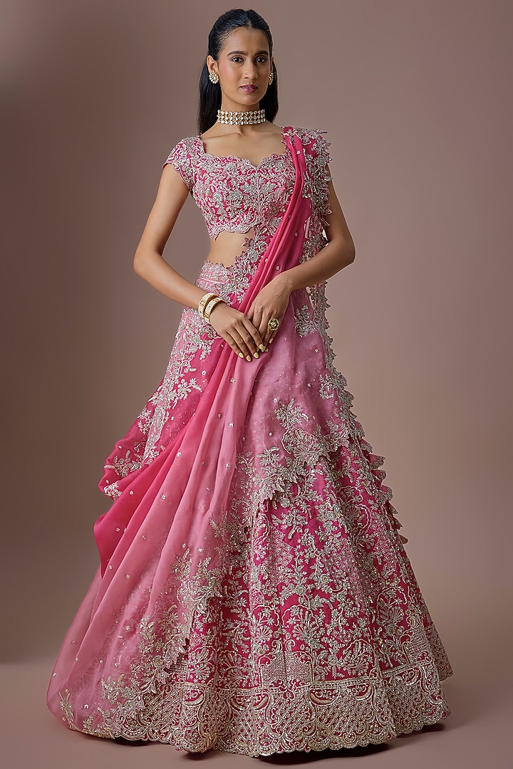 Pink Ombre Organza Embroidered Bridal Lehenga Set by Anushree Reddy at Pernia's Pop Up Shop