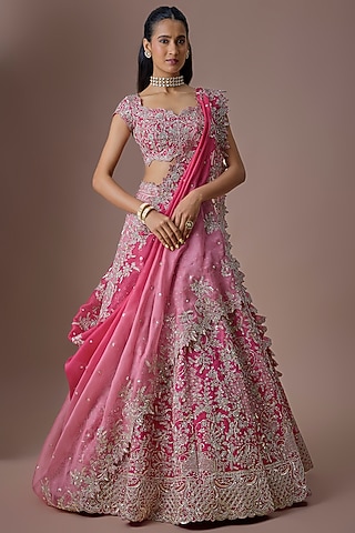 Pink Ombre Organza Embroidered Lehenga Set by Anushree Reddy