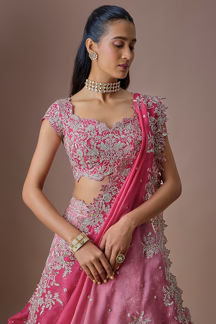 Pink Ombre Organza Embroidered Bridal Lehenga Set by Anushree Reddy at Pernia's Pop Up Shop