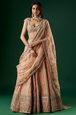 Peach Raw Silk Embroidered Lehenga Set by Anushree Reddy