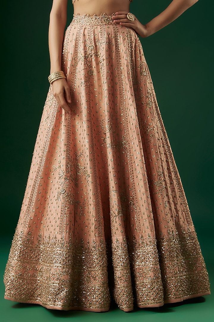 Peach Raw Silk Embroidered Bridal Lehenga Set by Anushree Reddy at Pernia's Pop Up Shop