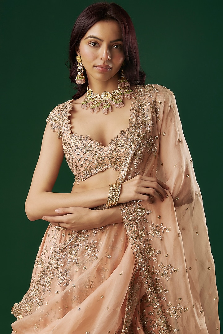 Peach Raw Silk Embroidered Bridal Lehenga Set by Anushree Reddy at Pernia's Pop Up Shop