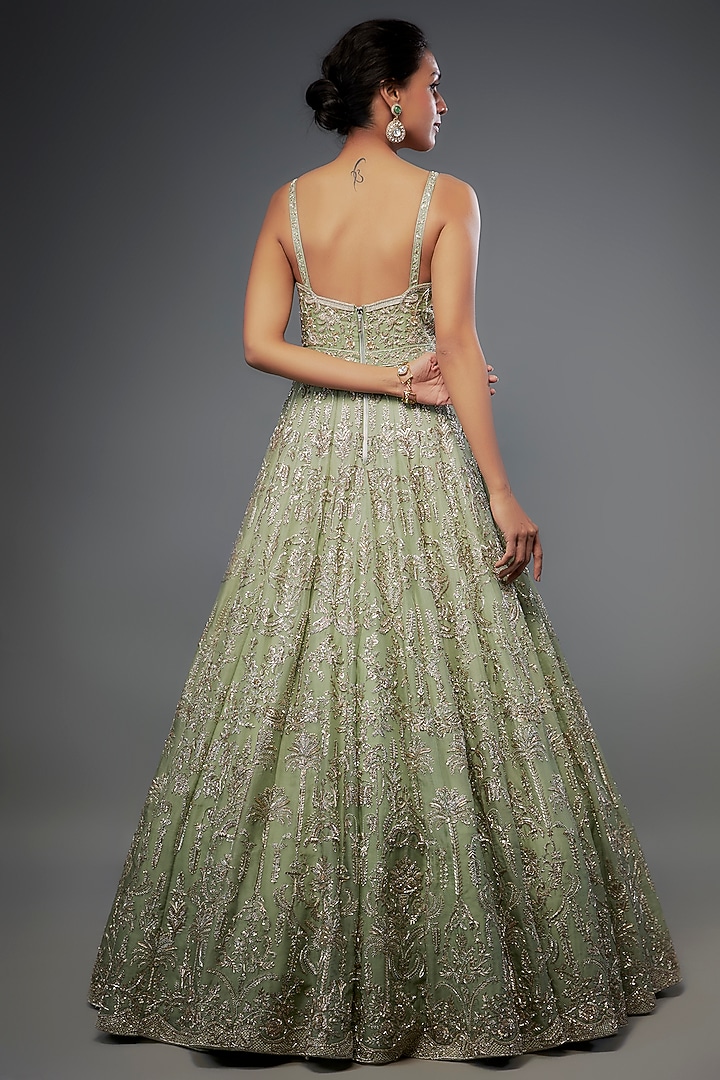 Mint Organza Embroidered Bridal Gown by Anushree Reddy at Pernia's Pop Up Shop
