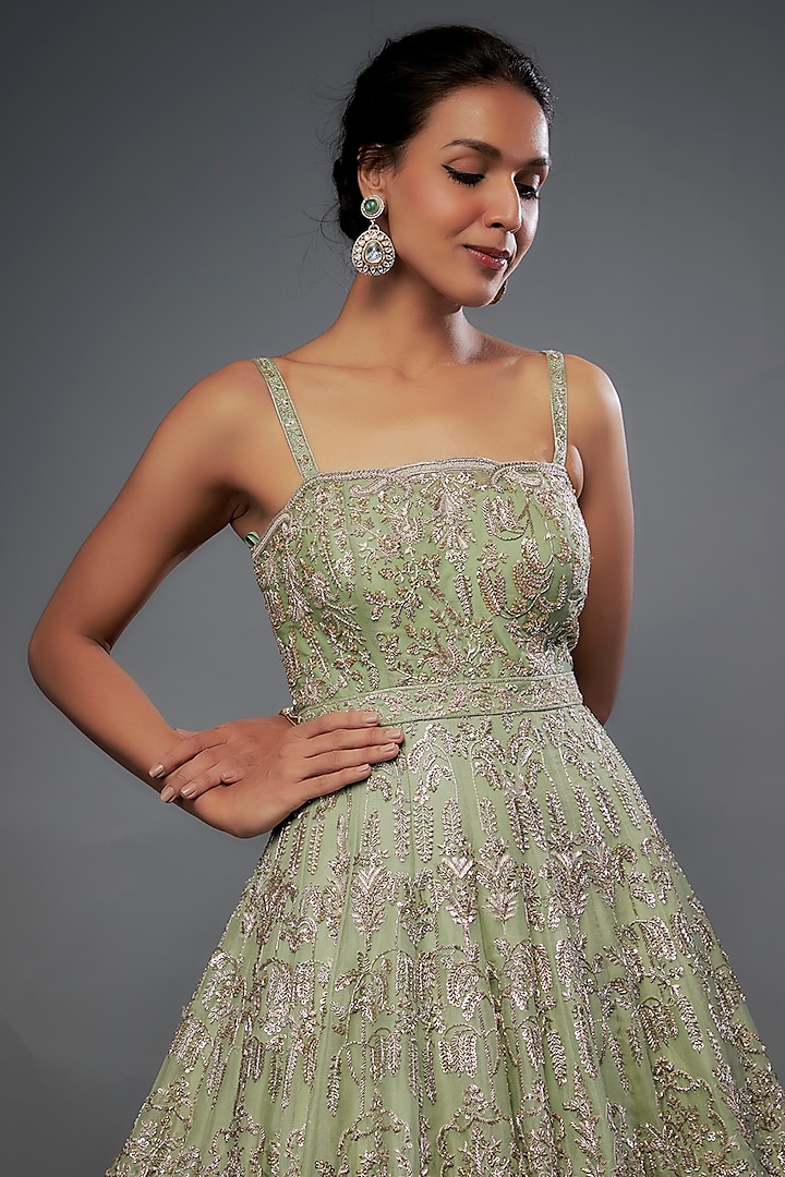 Mint Organza Embroidered Bridal Gown by Anushree Reddy at Pernia's Pop Up Shop