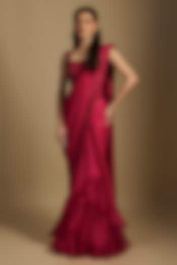 Cherry Red Chiffon Hand Embroidered Ruffled Saree Set by Anushree Reddy at Pernia's Pop Up Shop