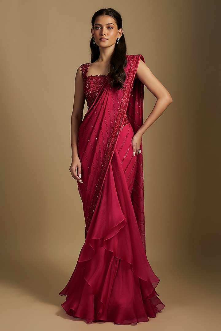 Cherry Red Chiffon Hand Embroidered Ruffled Saree Set by Anushree Reddy at Pernia's Pop Up Shop