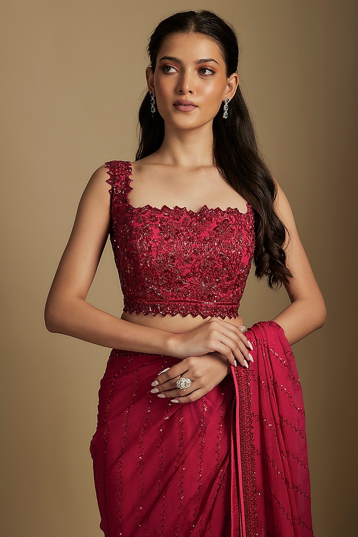 Cherry Red Chiffon Hand Embroidered Ruffled Reception Saree Set by Anushree Reddy at Pernia's Pop Up Shop