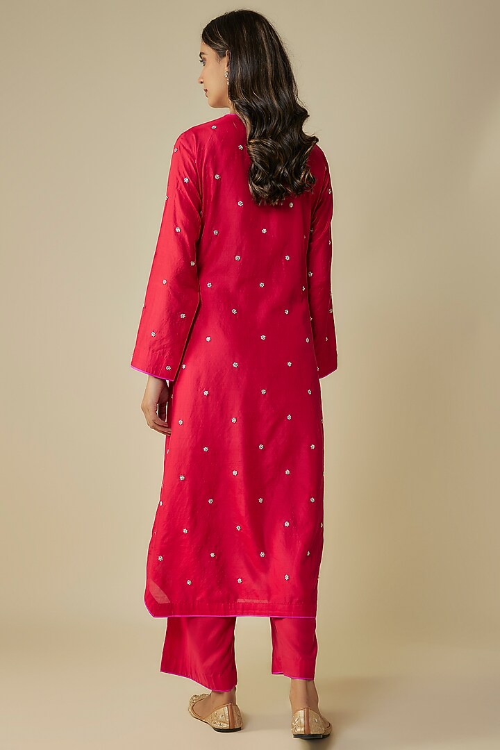 Cherry Red Dupion Hand Embroidered Kurta Set by Anushree Reddy at Pernia's Pop Up Shop