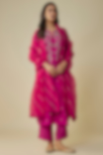 Hot Pink Dupion Hand Embroidered Kurta Set by Anushree Reddy at Pernia's Pop Up Shop