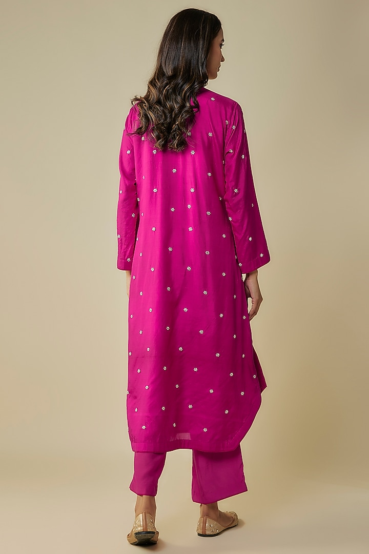 Hot Pink Dupion Hand Embroidered Kurta Set by Anushree Reddy at Pernia's Pop Up Shop