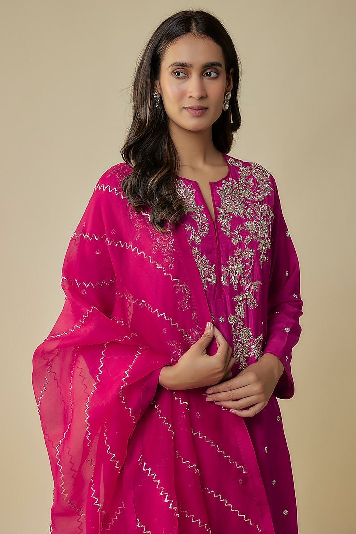 Hot Pink Dupion Hand Embroidered Kurta Set by Anushree Reddy at Pernia's Pop Up Shop