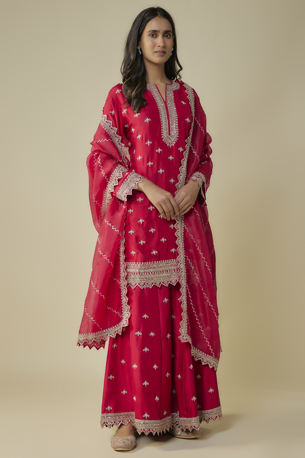 Red Dupion Hand Embroidered Kurta Set by Anushree Reddy at Pernia's Pop Up Shop