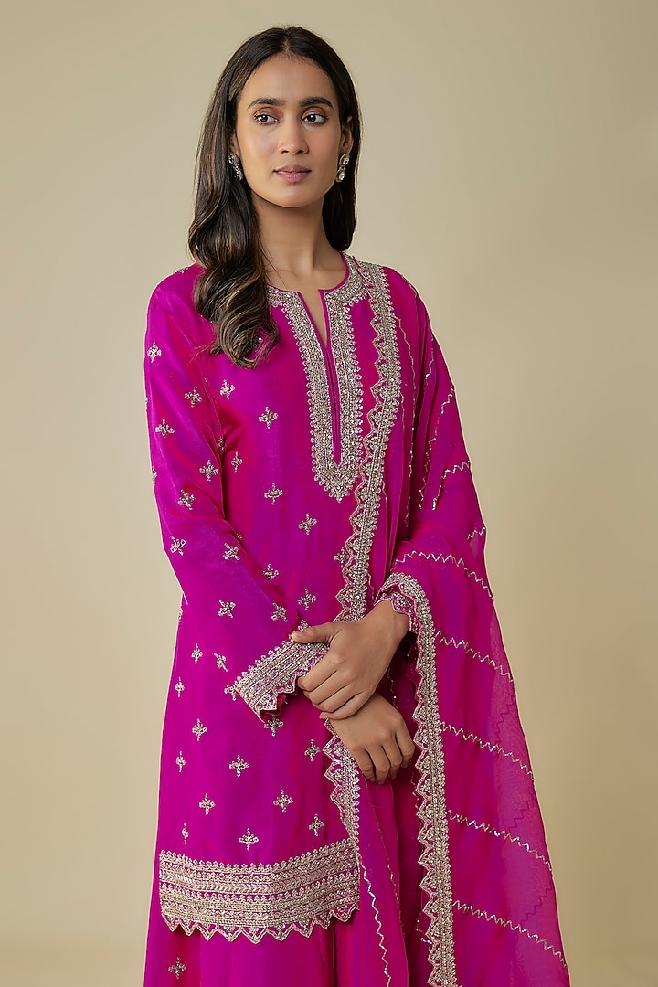 Hot Pink Dupion Hand Embroidered Bridal Sharara Set by Anushree Reddy at Pernia's Pop Up Shop