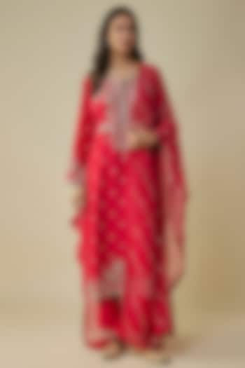 Red Dupion Hand Embroidered Kurta Set by Anushree Reddy at Pernia's Pop Up Shop