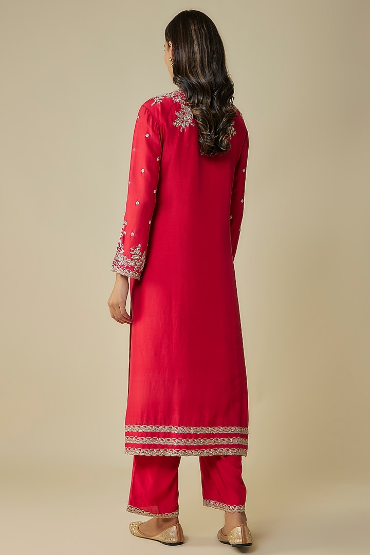 Red Dupion Hand Embroidered Kurta Set by Anushree Reddy at Pernia's Pop Up Shop