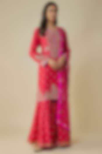 Red Dupion Hand Embroidered Sharara Set by Anushree Reddy at Pernia's Pop Up Shop