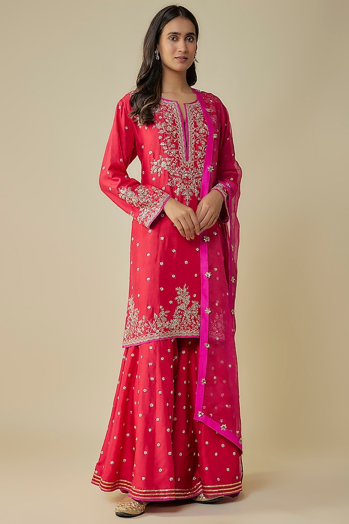 Red Dupion Hand Embroidered Sharara Set by Anushree Reddy at Pernia's Pop Up Shop