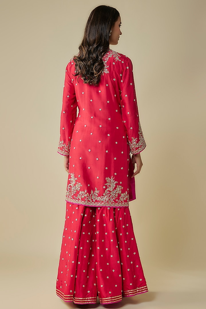 Red Dupion Hand Embroidered Bridal Sharara Set by Anushree Reddy at Pernia's Pop Up Shop