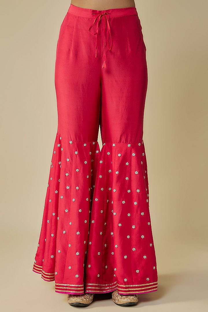 Red Dupion Hand Embroidered Bridal Sharara Set by Anushree Reddy at Pernia's Pop Up Shop