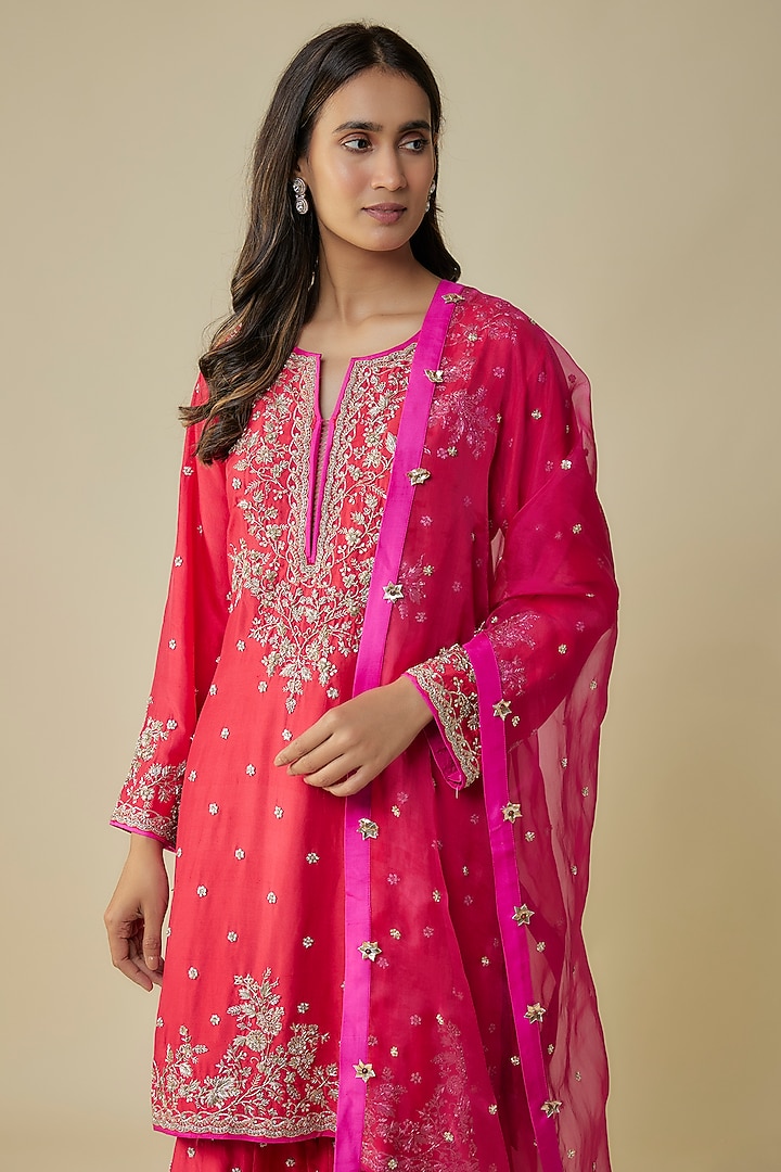 Red Dupion Hand Embroidered Bridal Sharara Set by Anushree Reddy at Pernia's Pop Up Shop