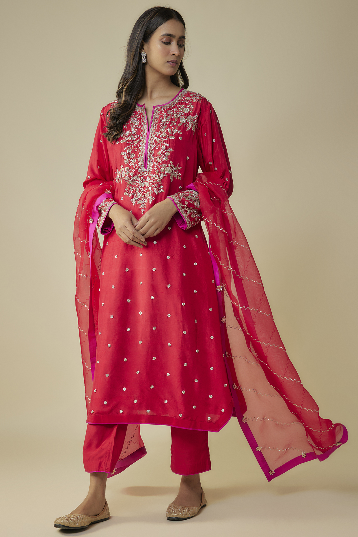 Red Dupion Hand Embroidered Kurta Set by Anushree Reddy at Pernia's Pop Up Shop