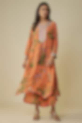 Coral Dupion Hand Embroidered & Printed Kurta Set by Anushree Reddy at Pernia's Pop Up Shop