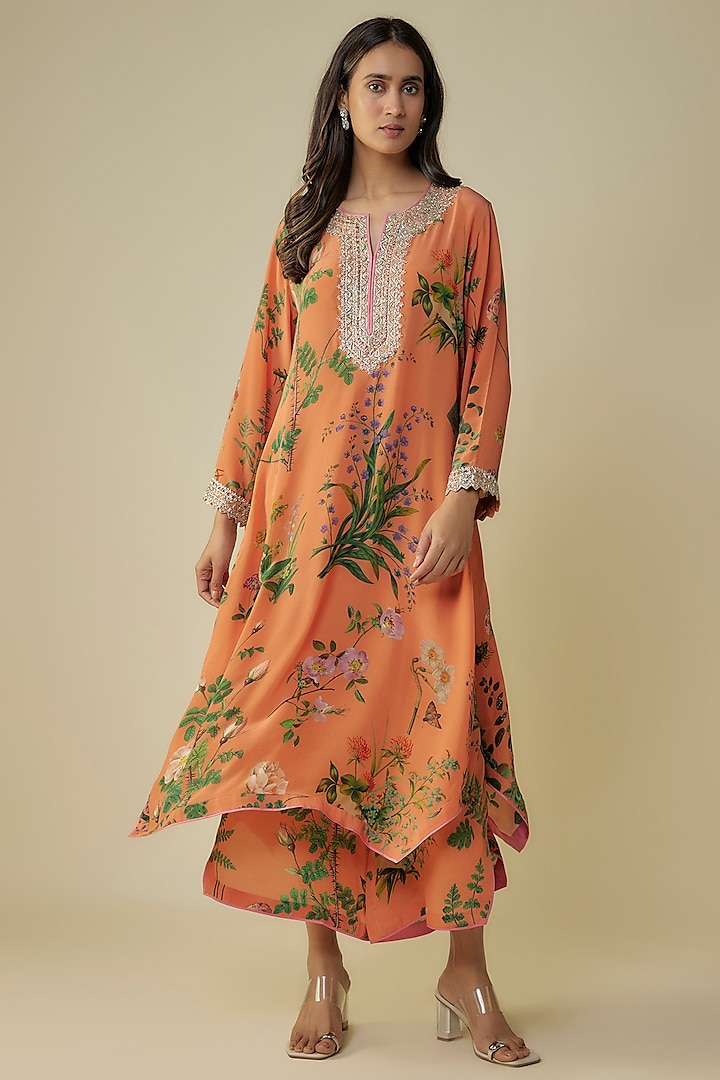 Coral Dupion Hand Embroidered & Printed Kurta Set by Anushree Reddy at Pernia's Pop Up Shop