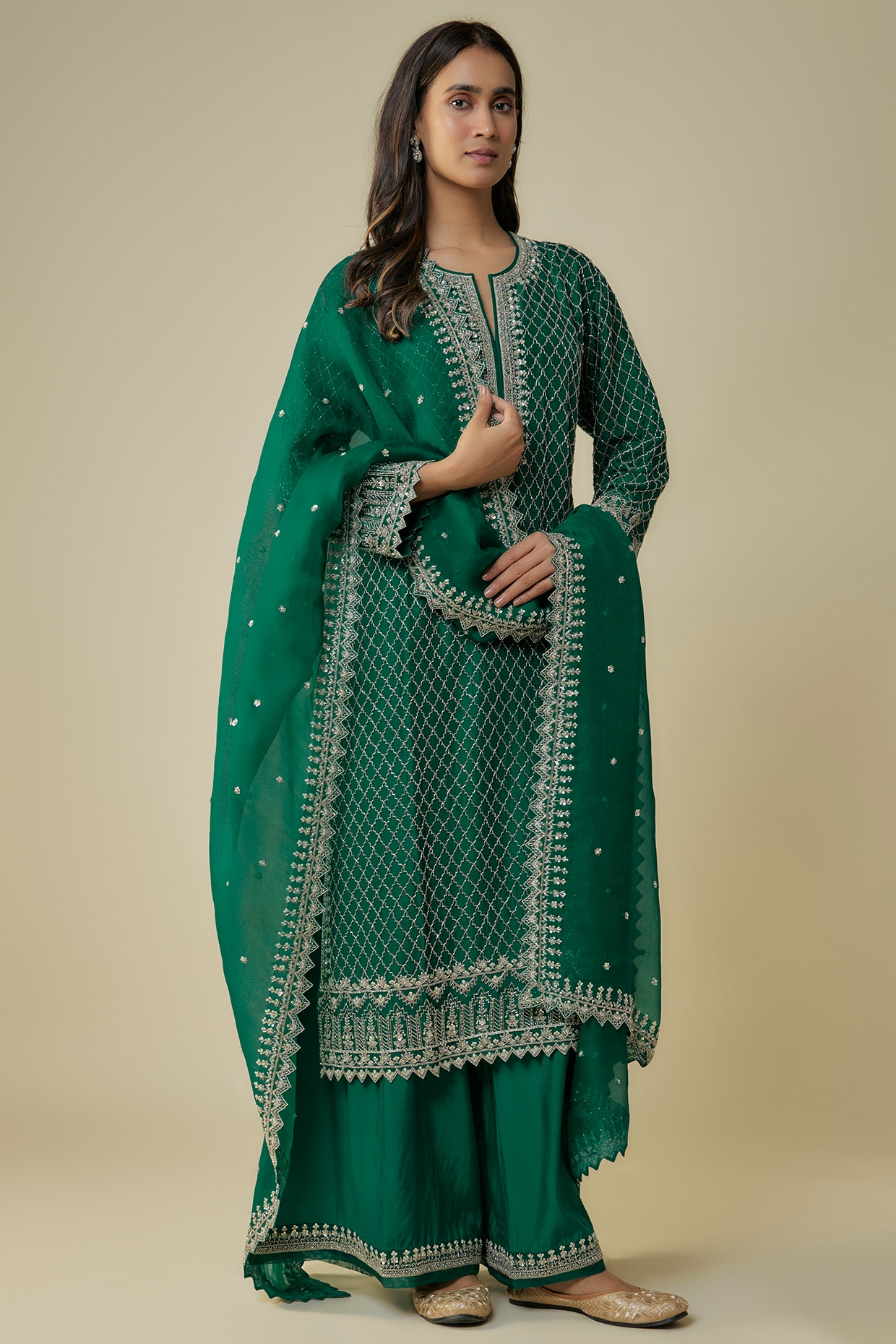 Emerald Canvas Kurta – Green Front-Open with Hand-Painted Embroidery