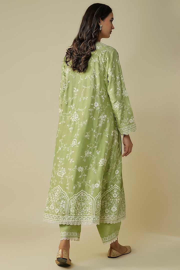 Light Green Dupion Aari Thread Embroidered Kurta Set by Anushree Reddy at Pernia's Pop Up Shop