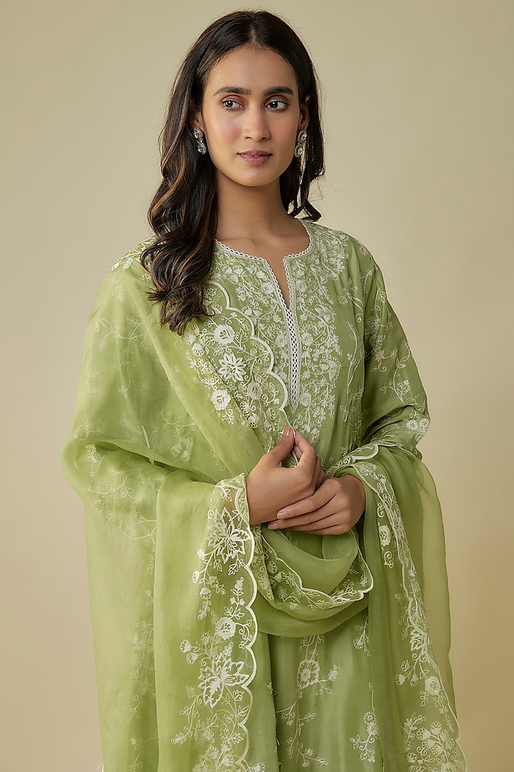 Light Green Dupion Aari Thread Embroidered Kurta Set by Anushree Reddy at Pernia's Pop Up Shop
