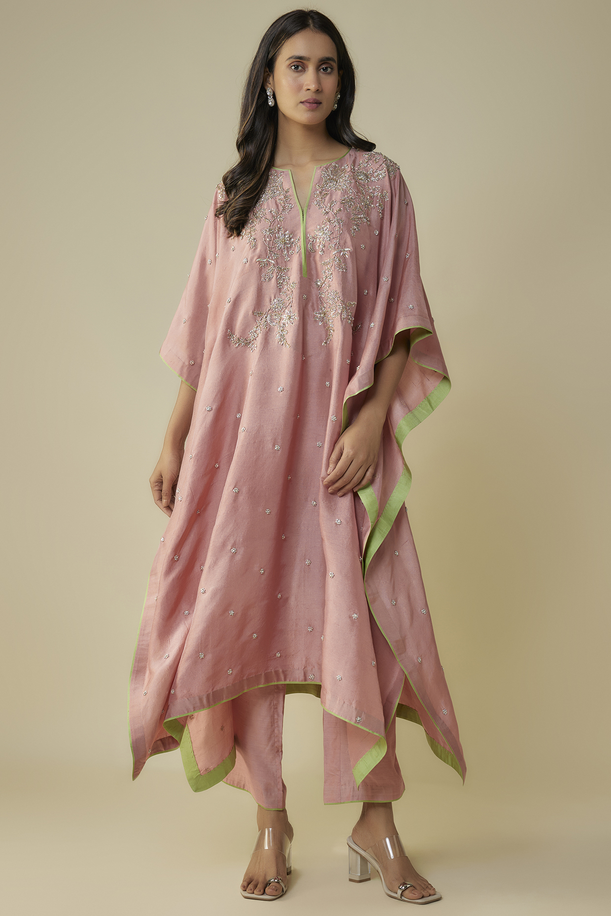 Dusty Pink Dupion Hand Embroidered Kaftan Set by Anushree Reddy at Pernia's Pop Up Shop