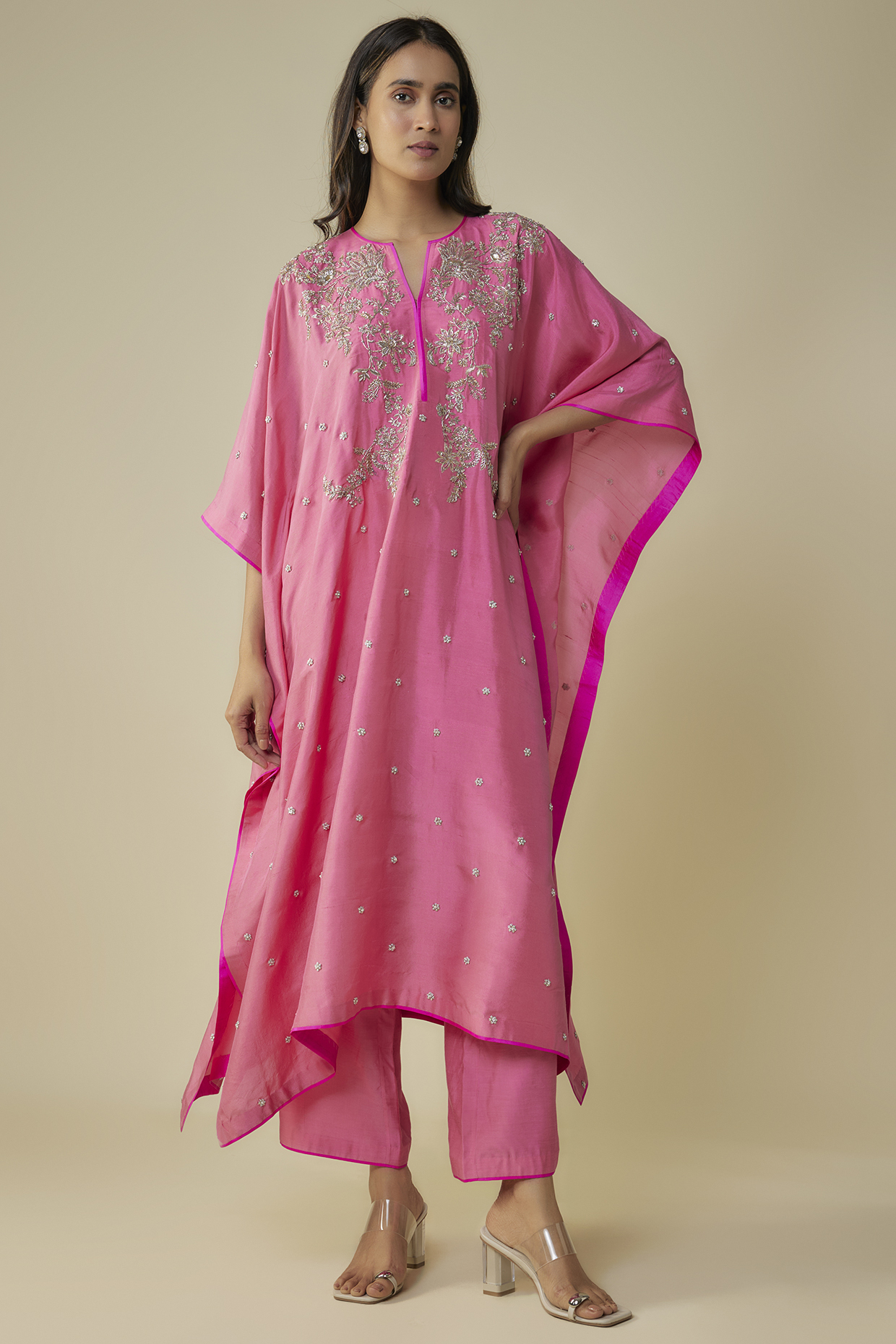 Peach Dupion Hand Embroidered Kaftan Set by Anushree Reddy at Pernia's Pop Up Shop