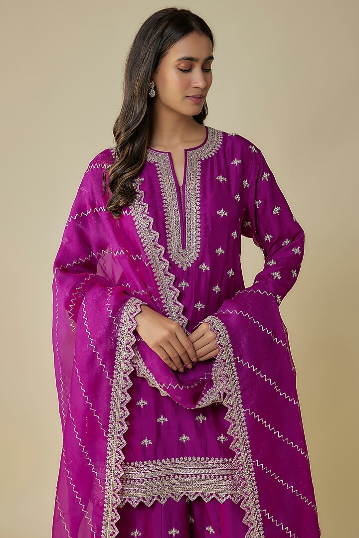 Magenta Dupion Hand Embroidered Bridal Sharara Set by Anushree Reddy at Pernia's Pop Up Shop