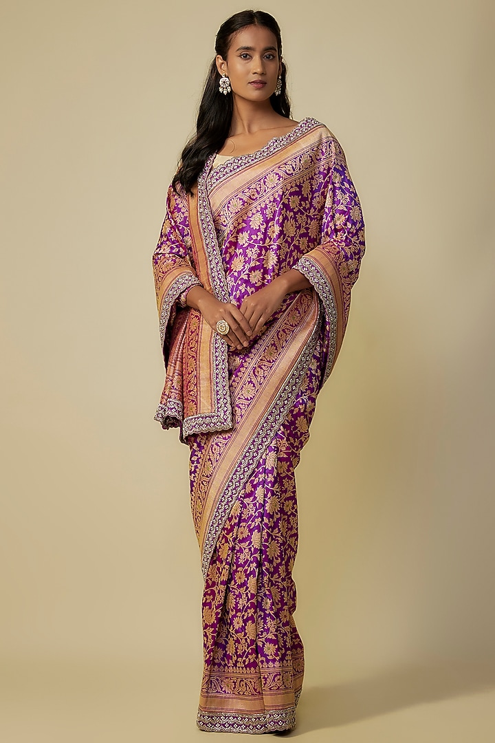 Purple Silk Zardosi Hand Embroidered Banarasi Handwoven Bridal Saree Set by Anushree Reddy at Pernia's Pop Up Shop