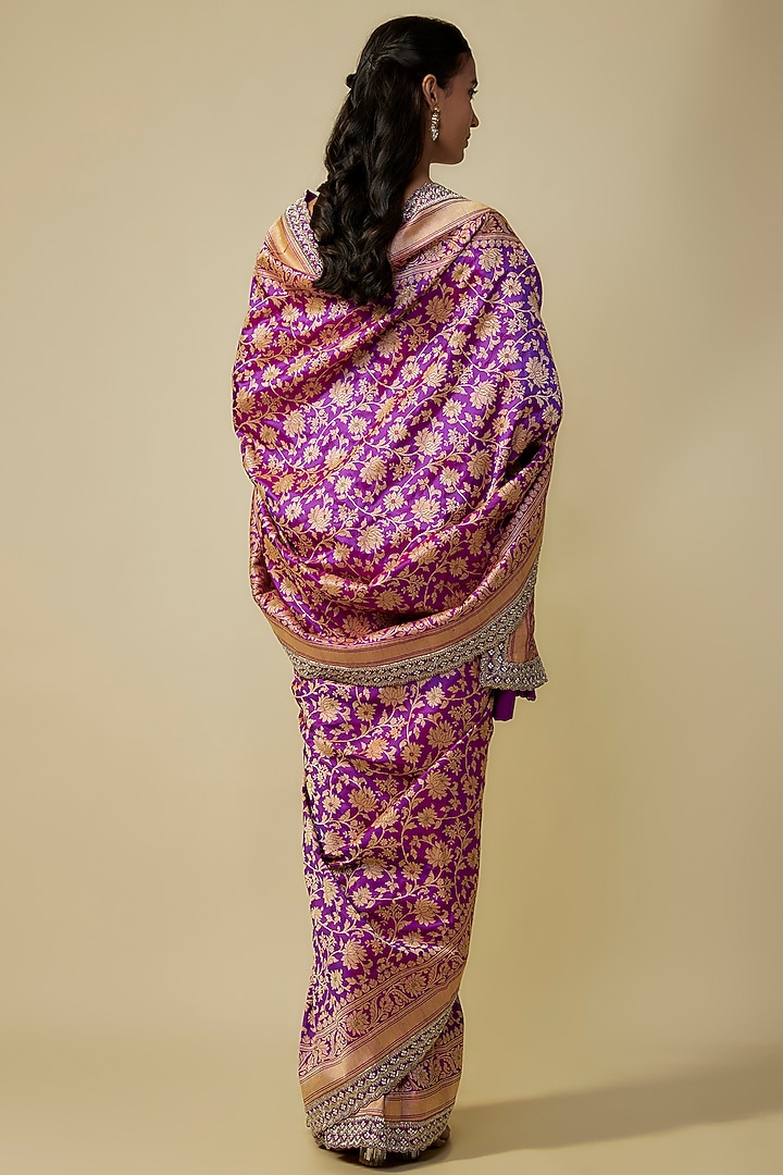 Purple Silk Zardosi Hand Embroidered Banarasi Handwoven Bridal Saree Set by Anushree Reddy at Pernia's Pop Up Shop