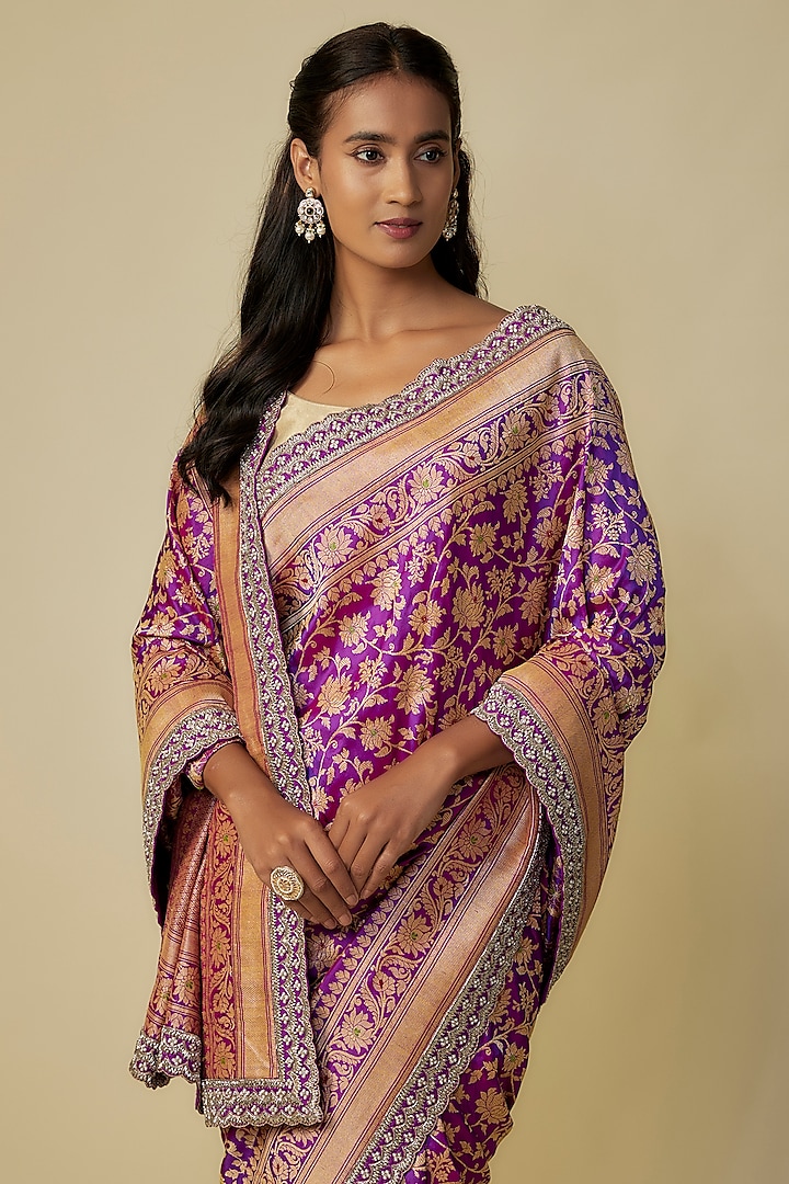 Purple Silk Zardosi Hand Embroidered Banarasi Handwoven Bridal Saree Set by Anushree Reddy at Pernia's Pop Up Shop