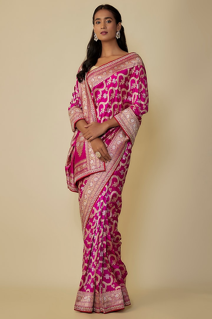 Rani Pink Silk Zardosi Hand Embroidered Banarasi Handwoven Bridal Saree Set by Anushree Reddy at Pernia's Pop Up Shop