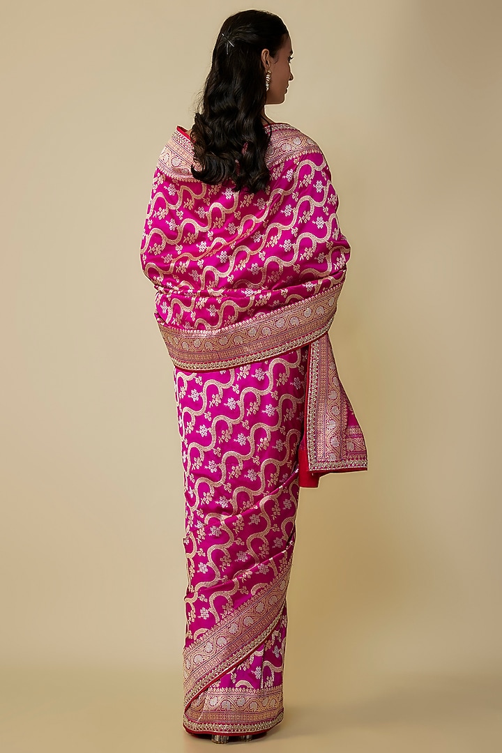Rani Pink Silk Zardosi Hand Embroidered Banarasi Handwoven Bridal Saree Set by Anushree Reddy at Pernia's Pop Up Shop