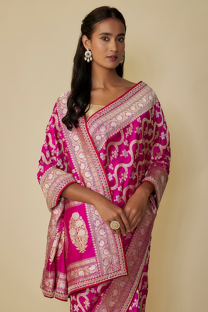 Rani Pink Silk Zardosi Hand Embroidered Banarasi Handwoven Bridal Saree Set by Anushree Reddy at Pernia's Pop Up Shop