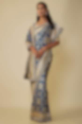 Navy Blue Silk Zardosi Hand Embroidered Banarasi Handwoven Bridal Saree Set by Anushree Reddy at Pernia's Pop Up Shop