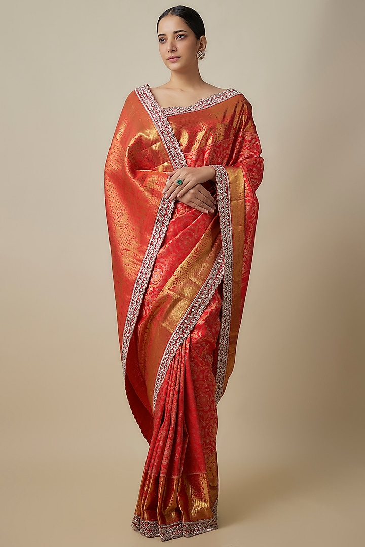 Red Silk Zardosi Hand Embroidered Kanchi Bridal Saree Set by Anushree Reddy at Pernia's Pop Up Shop