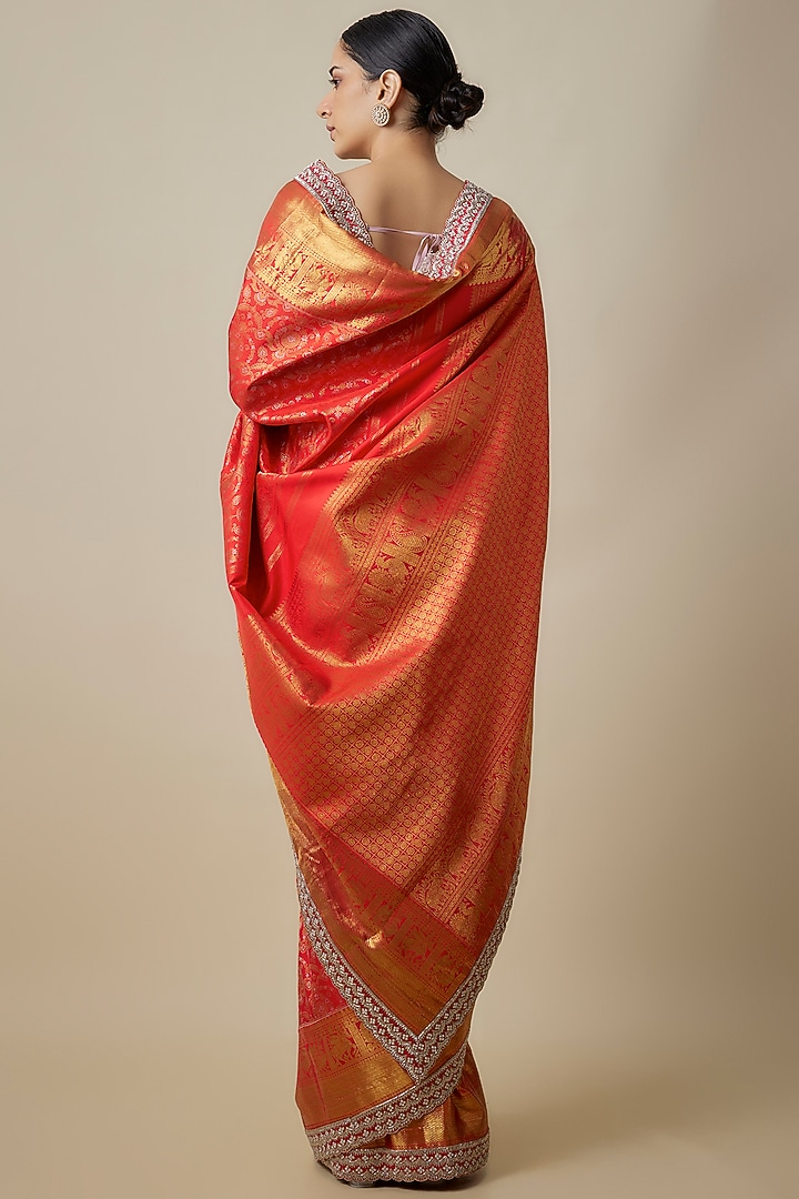 Red Silk Zardosi Hand Embroidered Kanchi Bridal Saree Set by Anushree Reddy at Pernia's Pop Up Shop