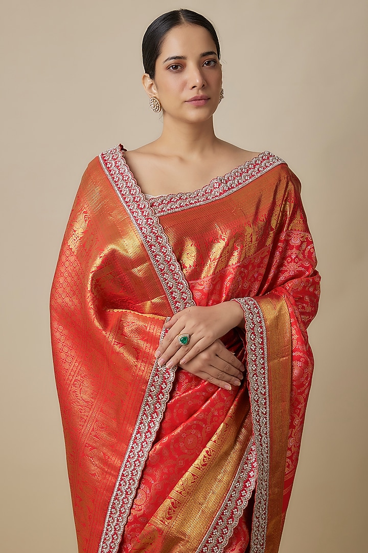 Red Silk Zardosi Hand Embroidered Kanchi Bridal Saree Set by Anushree Reddy at Pernia's Pop Up Shop