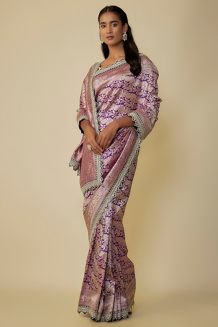 Purple Silk Zardosi Hand Embroidered Banarasi Handwoven Bridal Saree Set by Anushree Reddy at Pernia's Pop Up Shop